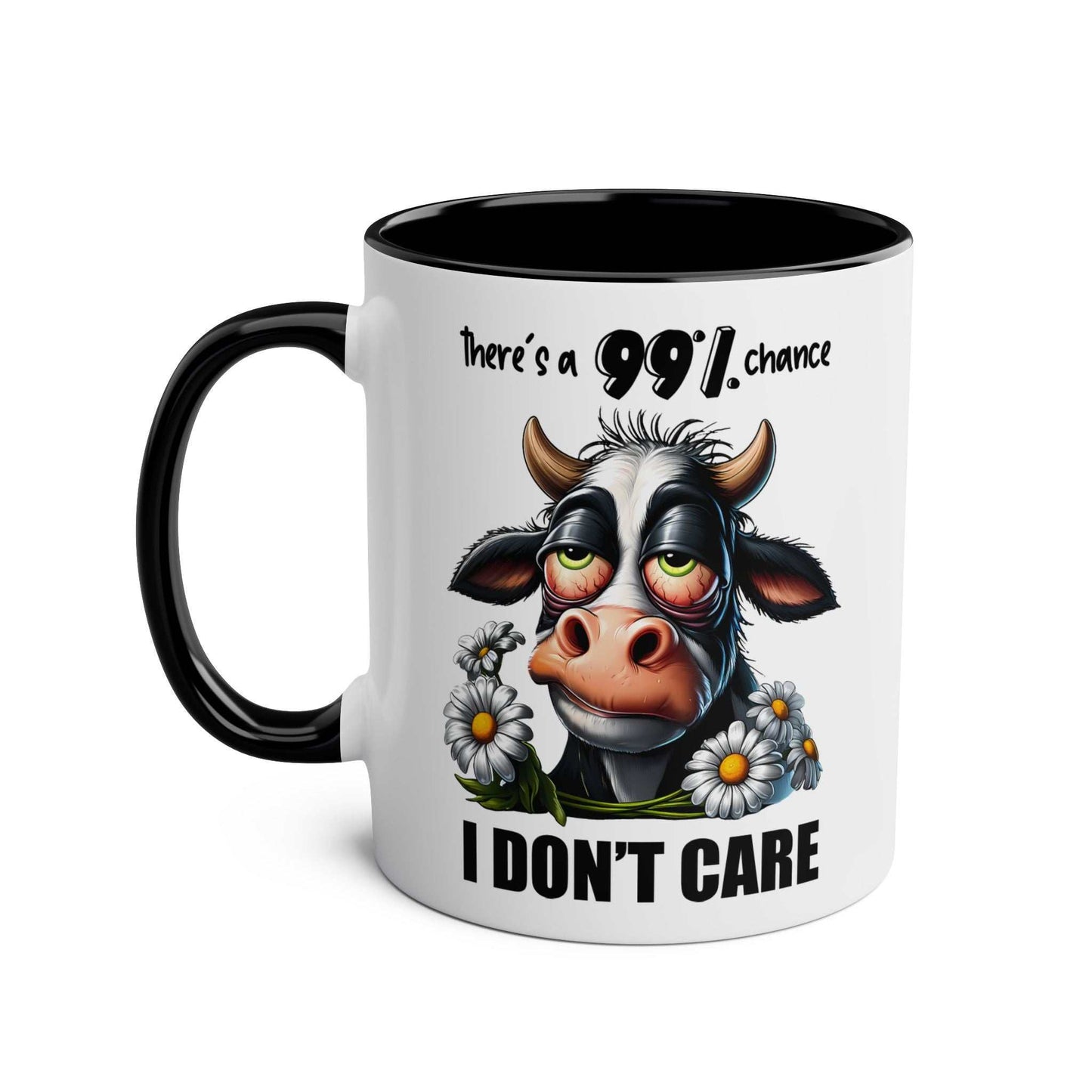 I Dont Care Coffee Mug with sarky cow design in glossy finish.