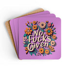 No Fucks Given Coaster Set with floral design, high-gloss MDF top, cork back, 4-piece, water-repellent, heat-resistant, non-slip, easy to clean.