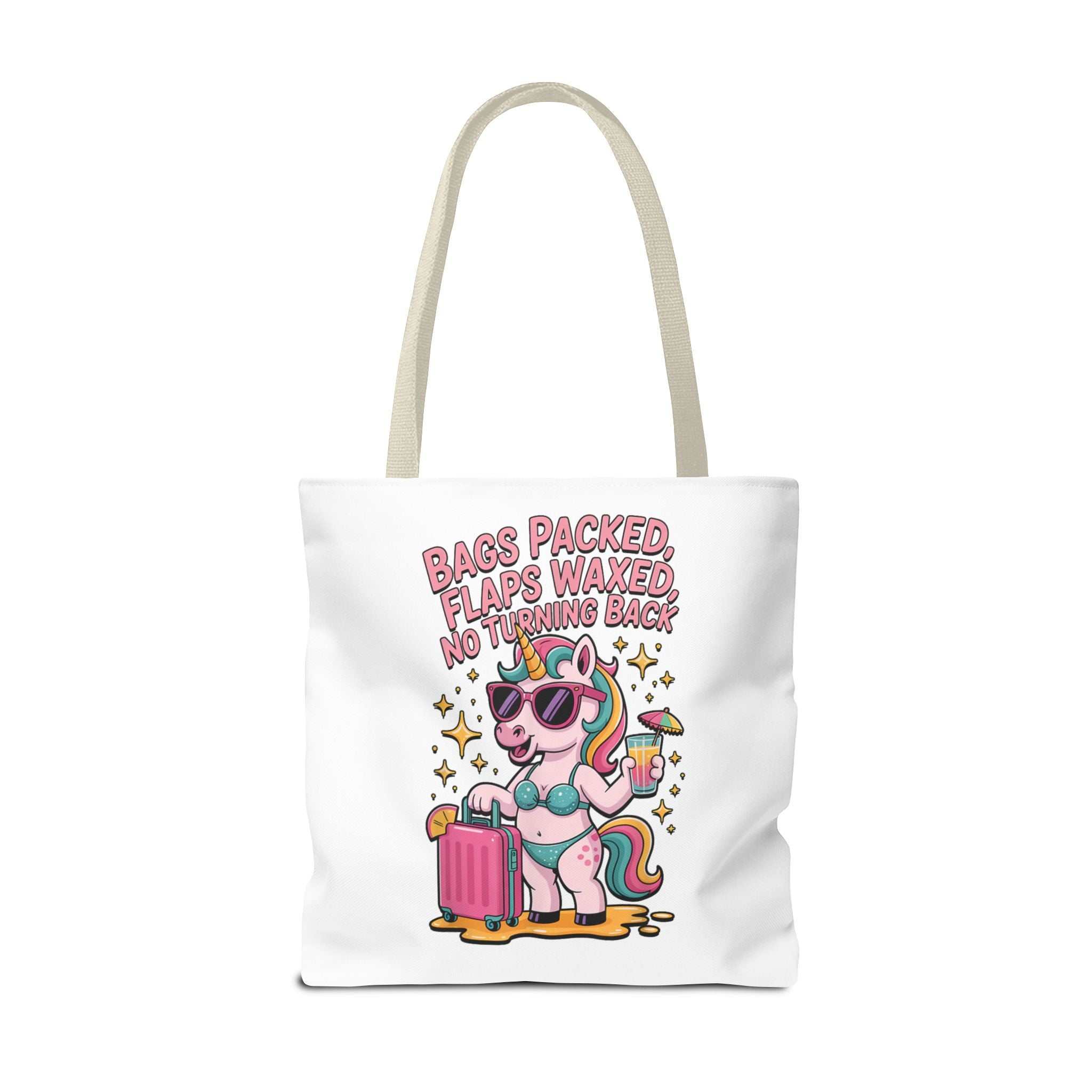 Colorful fun unicorn travel tote bag with cheeky design and durable spun polyester fabric