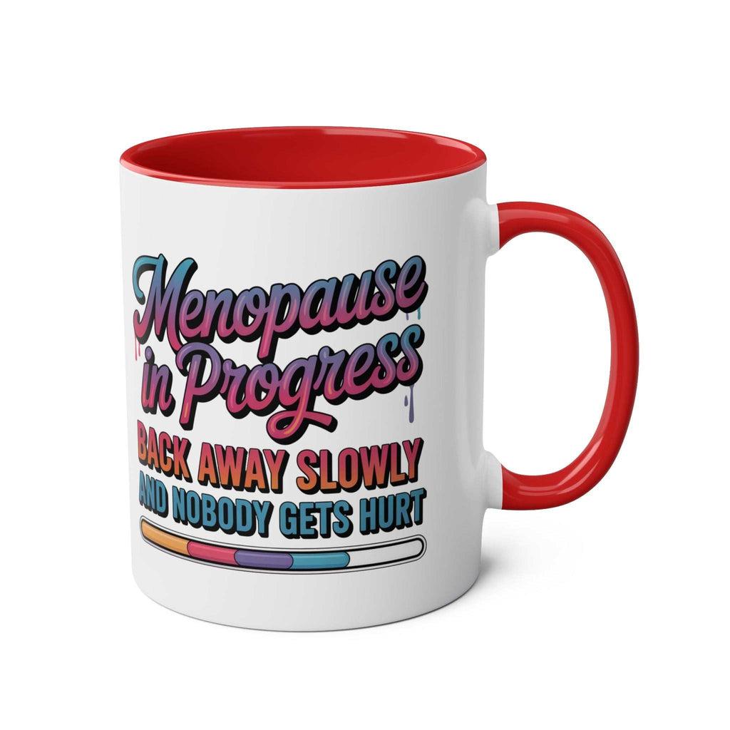Colorful Menopause in Progress Mug with bold slogan, perfect menopause gift