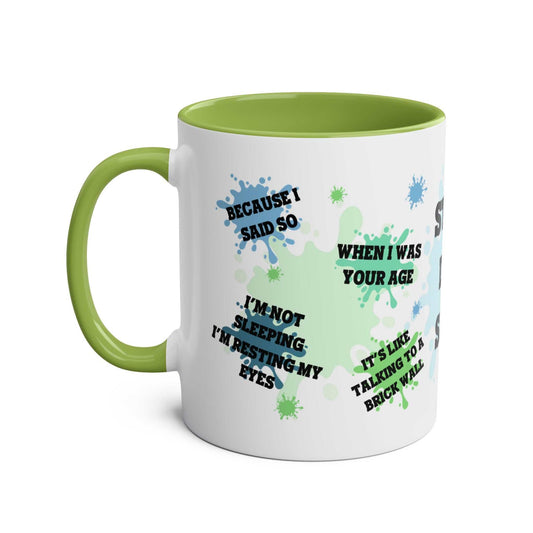 Fathers Day Gift Mug with fun quotes, green handle and interior, 11oz ceramic, glossy finish.