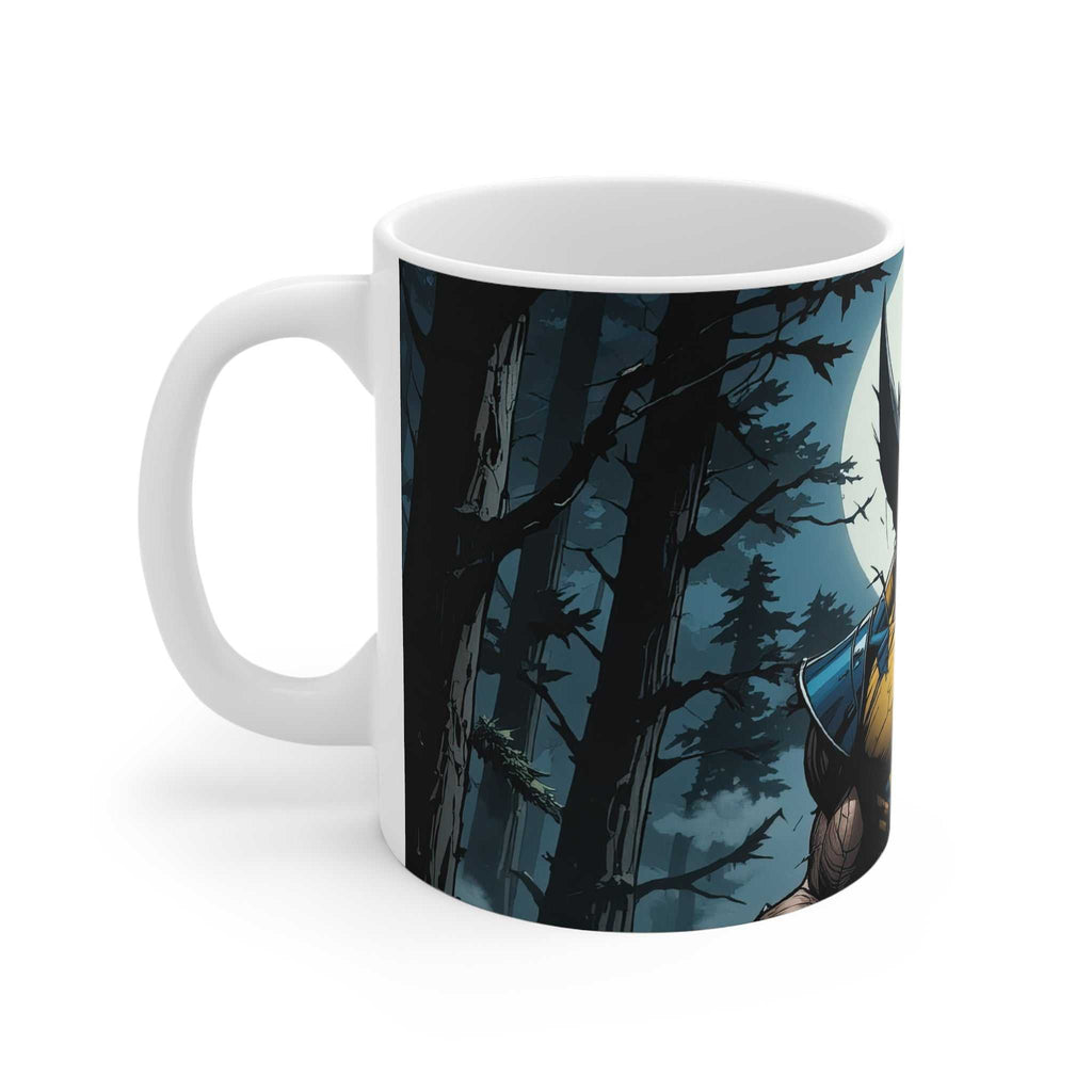 White ceramic coffee mug featuring a Wolverine themed design with dark forest background and moonlight, glossy finish, 11oz, microwave and dishwasher safe.