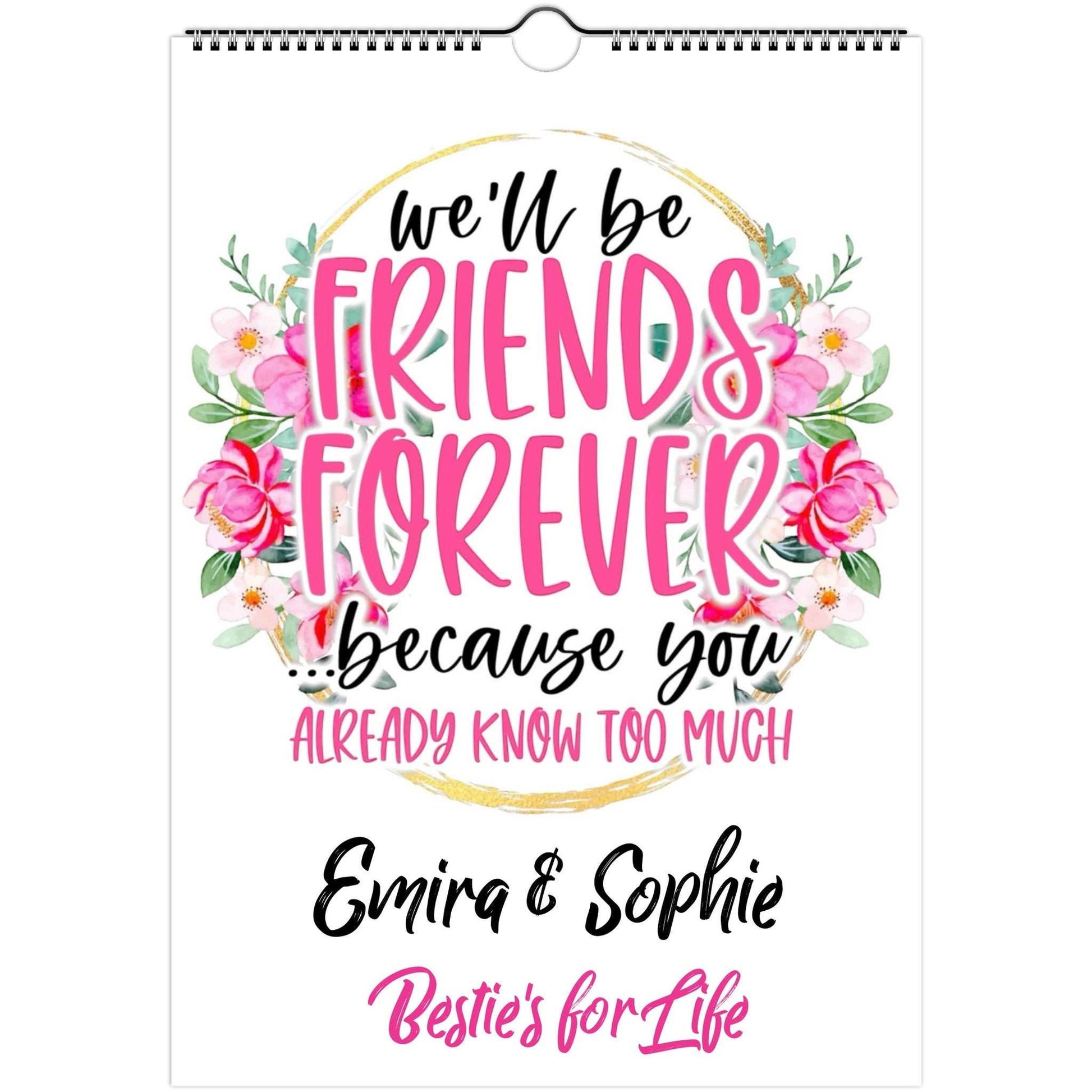 Personalised Best Friends 2025 Wall Calendar with floral design and custom text options.