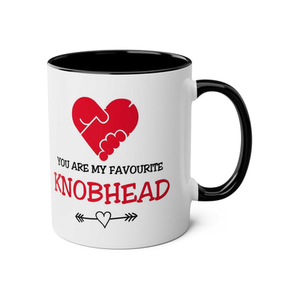 Funny Favorite Knobhead Mug with heart design, black rim and handle, perfect Valentine’s Day gift.