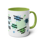 Fathers Day Gift Mug with colorful text designs, green interior and handle.
