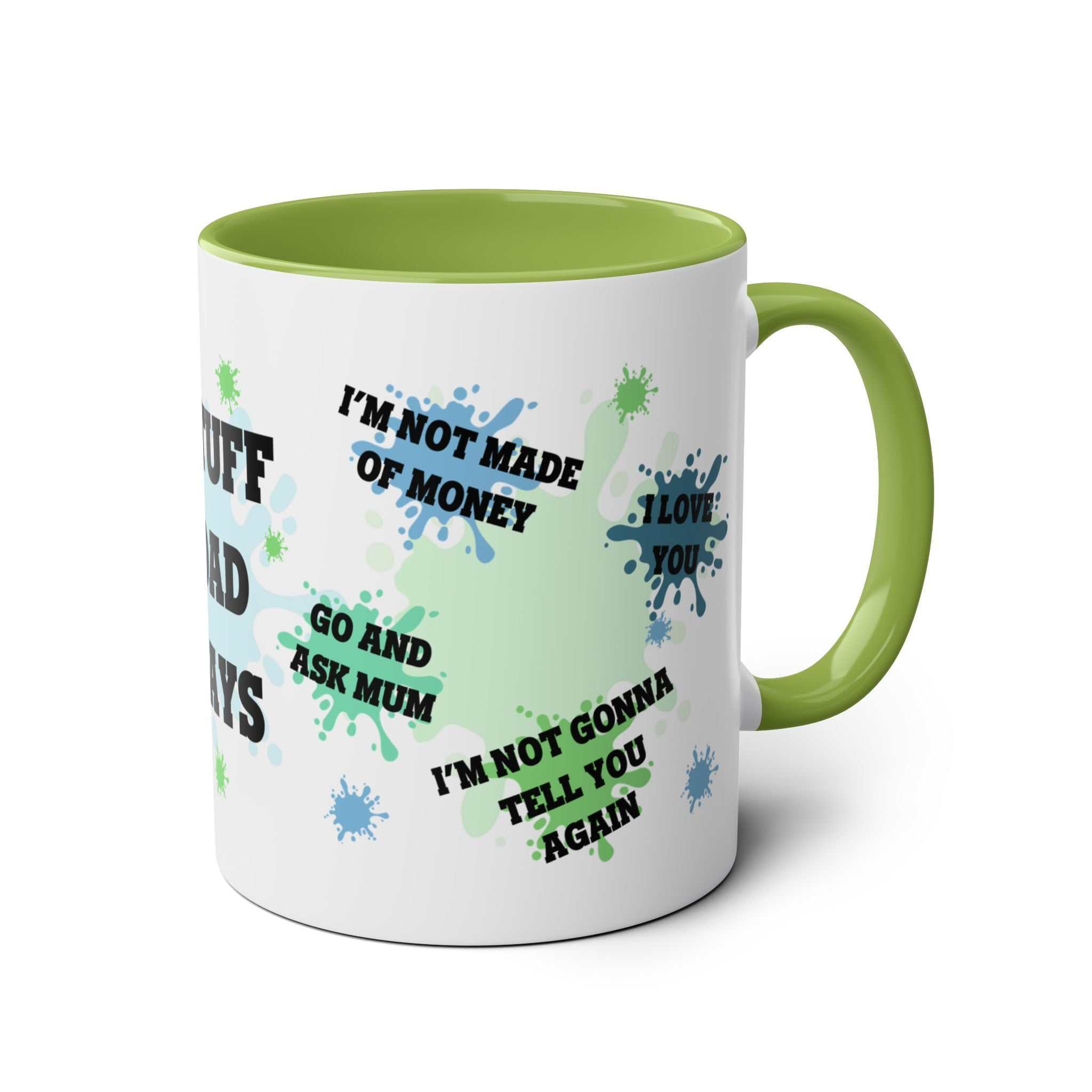 Fathers Day Gift Mug with colorful text designs, green interior and handle.