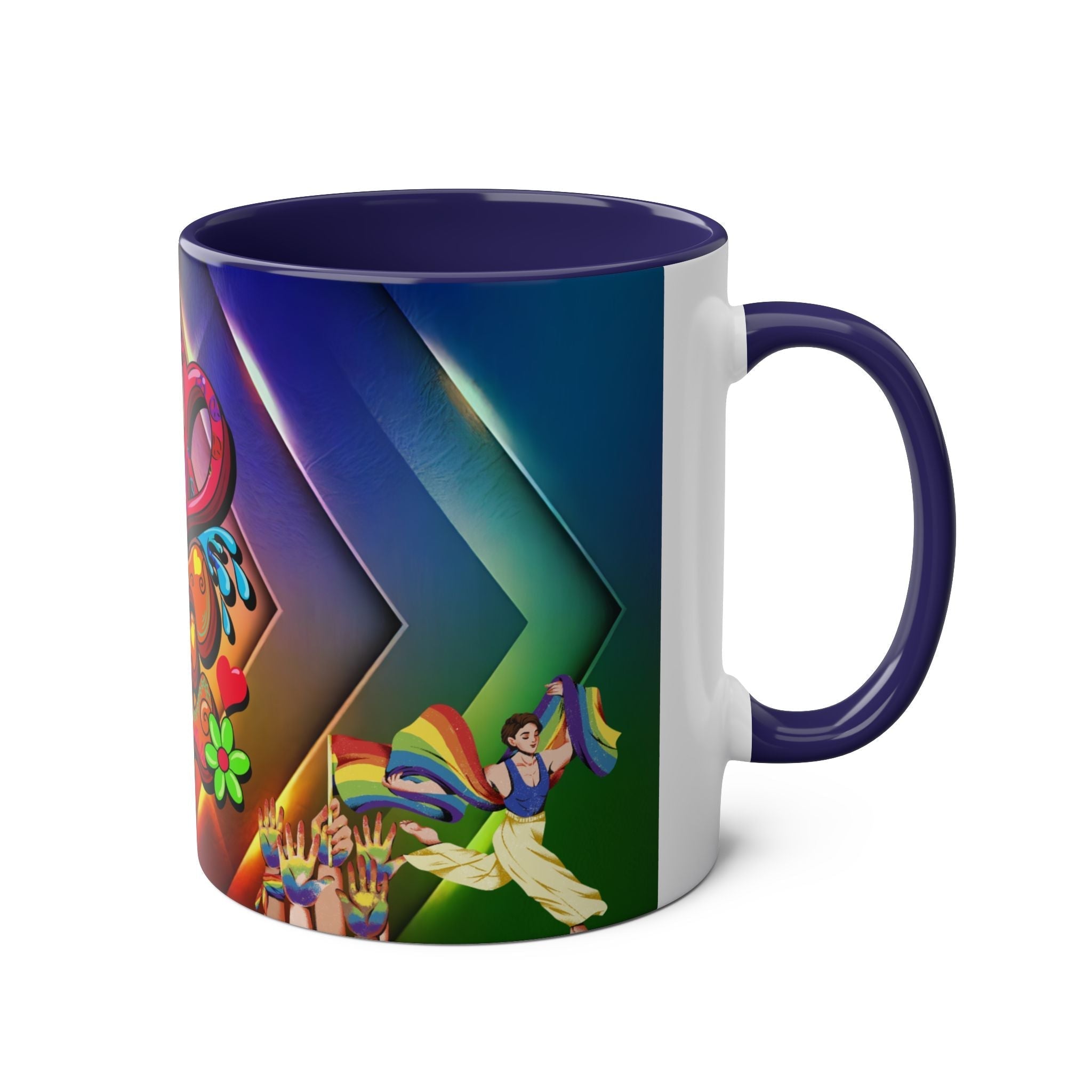 LGBTQ+ Pride mug with vibrant rainbow design, ceramic, 11oz, glossy finish.
