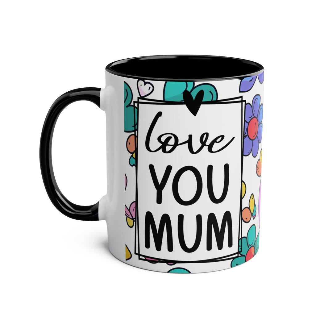 Love You Mum Floral Mug with delicate flowers and heart design, glossy finish, microwave and dishwasher safe.
