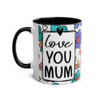 Love You Mum Floral Mug with delicate flowers and heart design, glossy finish, microwave and dishwasher safe.