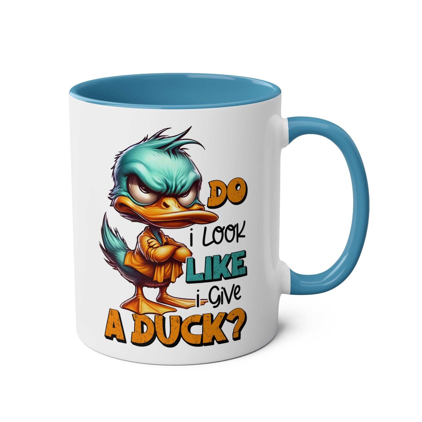 Give A Duck Coffee Mug with playful duck design, available in 7 colors, 11oz ceramic, microwave and dishwasher safe.