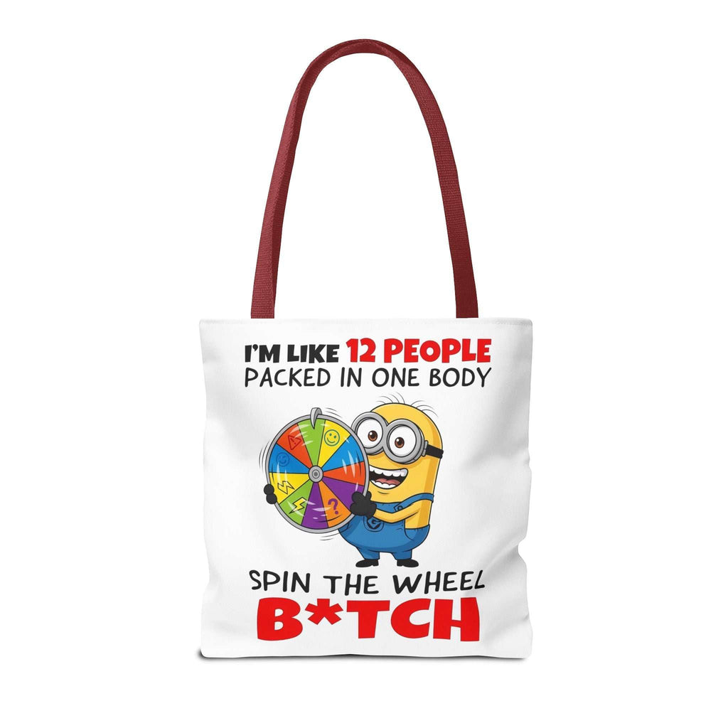 Funny Minion tote bag with cheeky design, durable spun polyester, available in three sizes and multiple handle colors