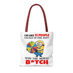 Funny Minion tote bag with cheeky design, durable spun polyester, available in three sizes and multiple handle colors