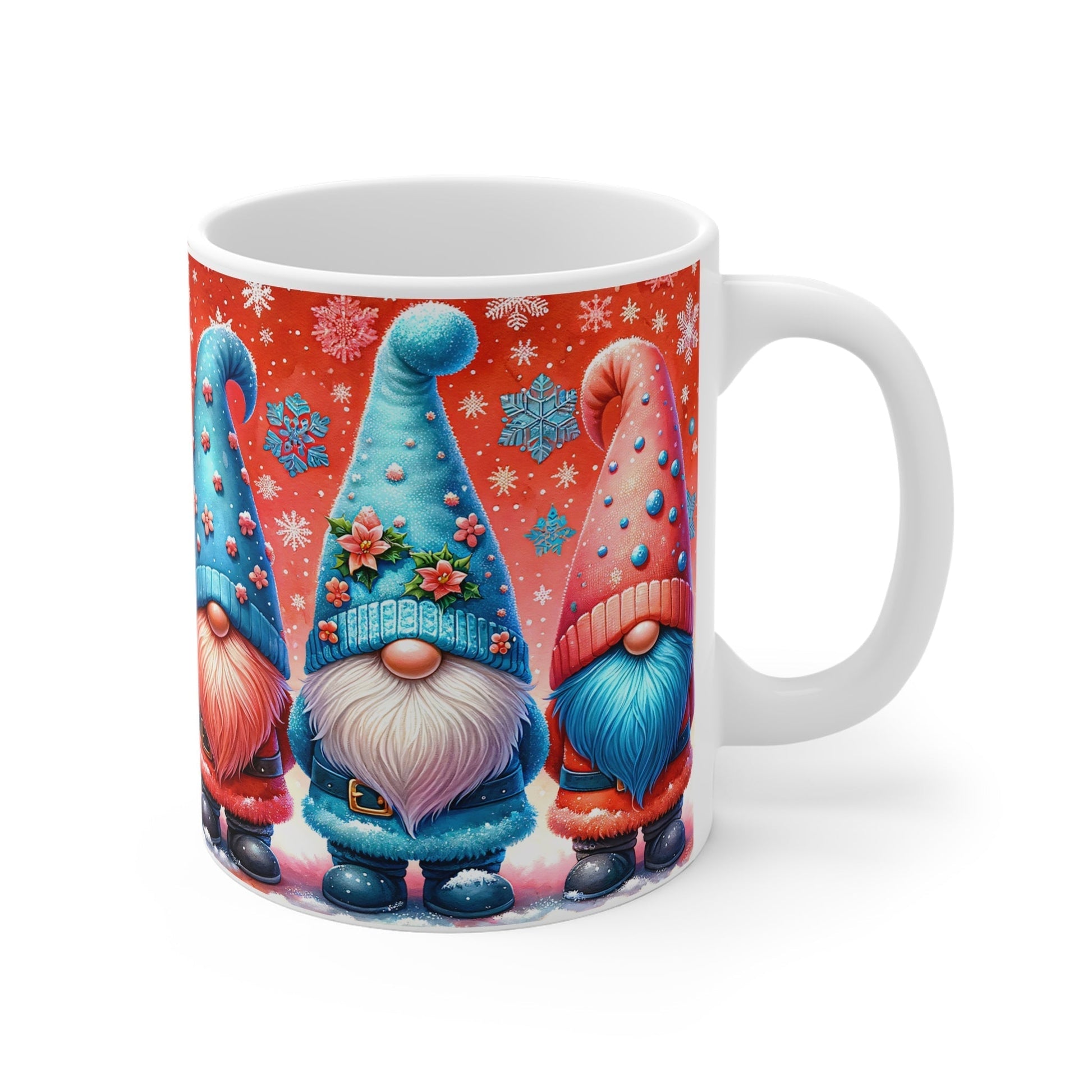 Christmas gnome mug with colorful gnome design, glossy finish, perfect for holiday drinks.