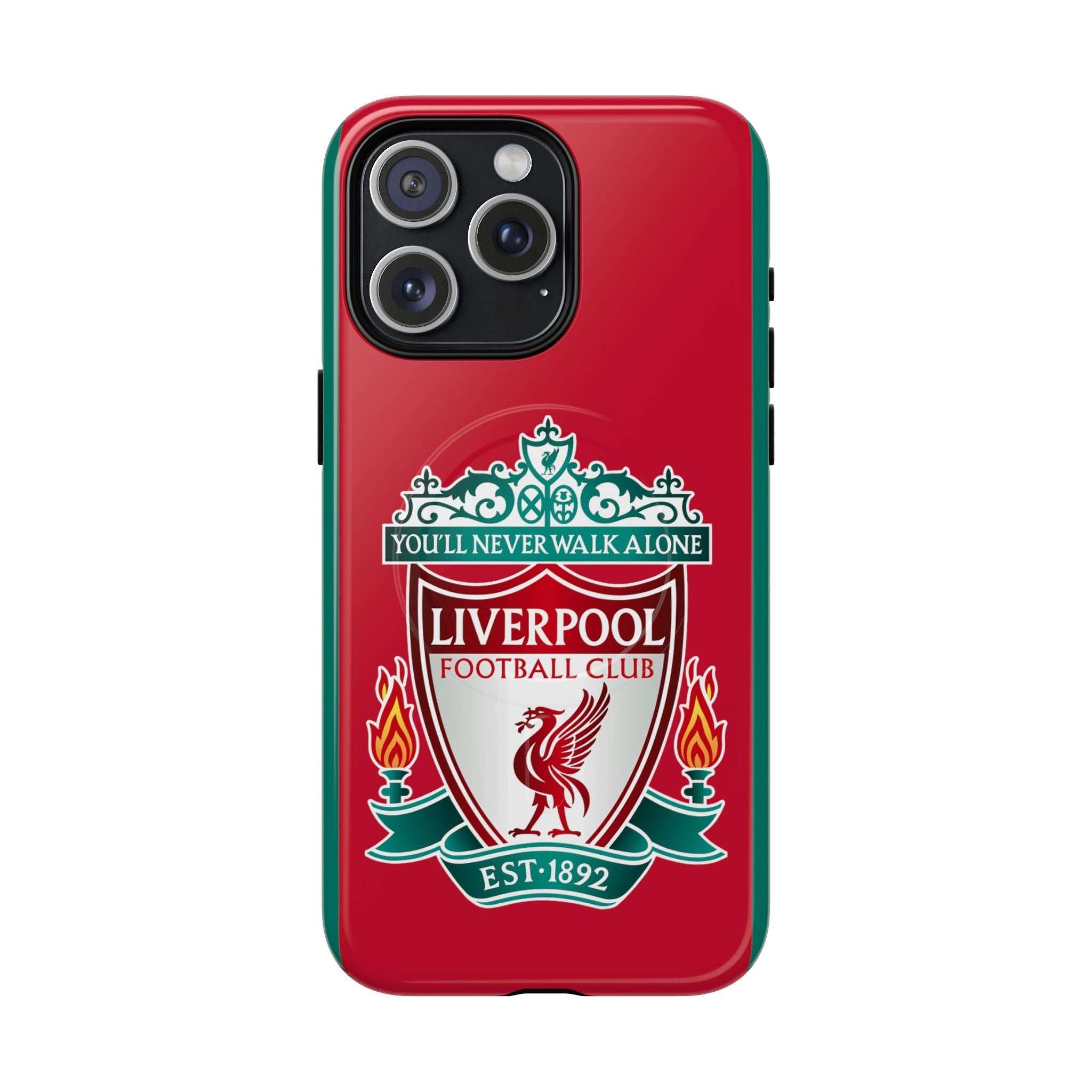 Liverpool FC MagSafe iPhone case with red club crest, dual-layer protection, and MagSafe compatibility