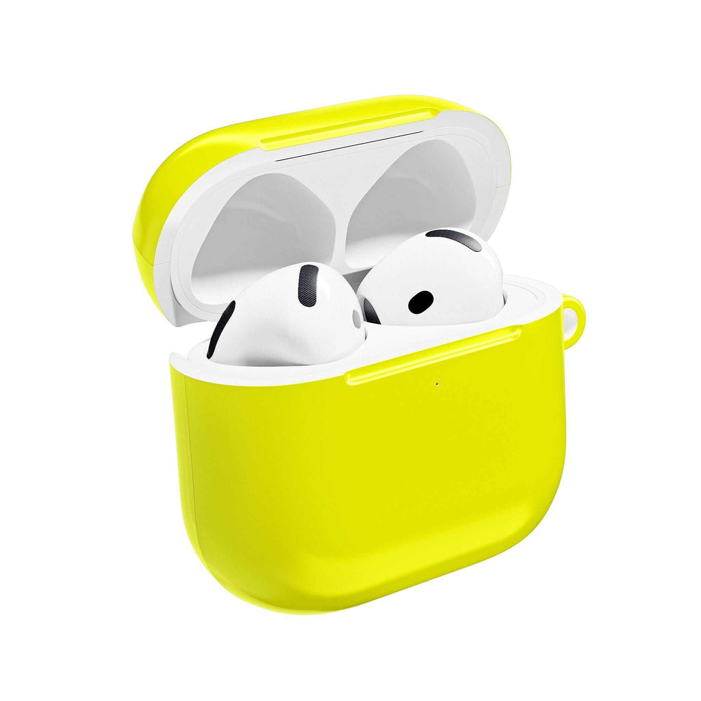 Yellow AirPods Pro protective case with glossy finish, durable hard shell, and wireless charging compatibility