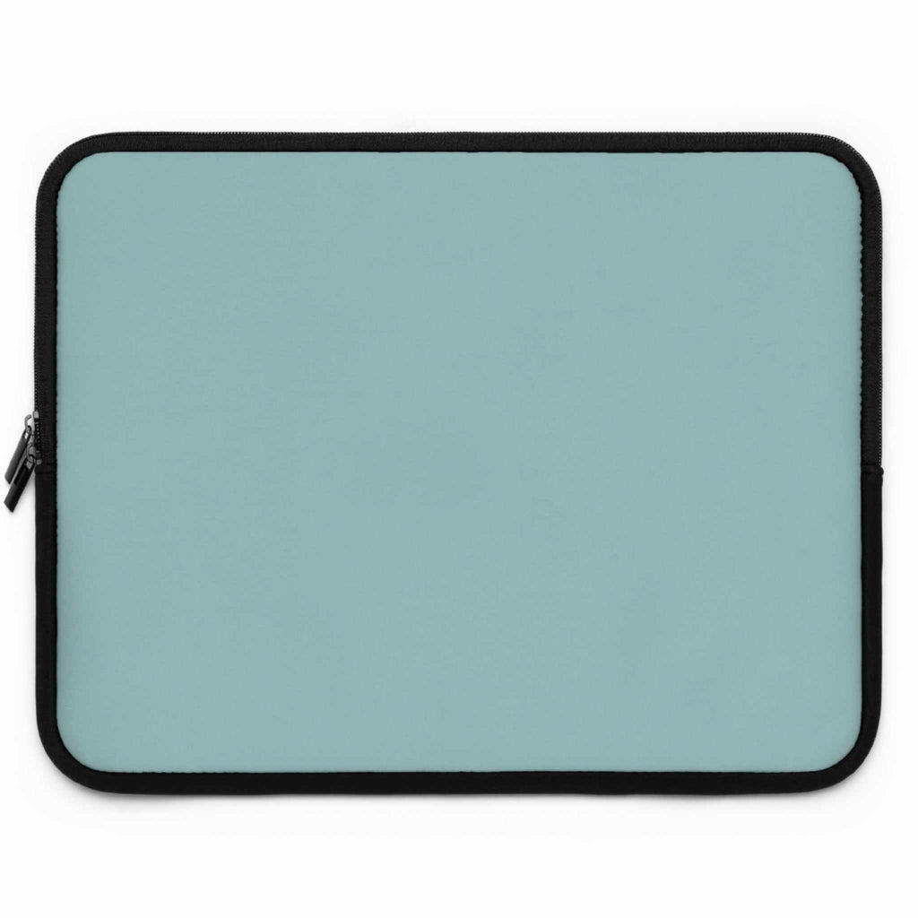 Teal green neoprene laptop sleeve with black trim, dual zipper, lightweight and waterproof protection.
