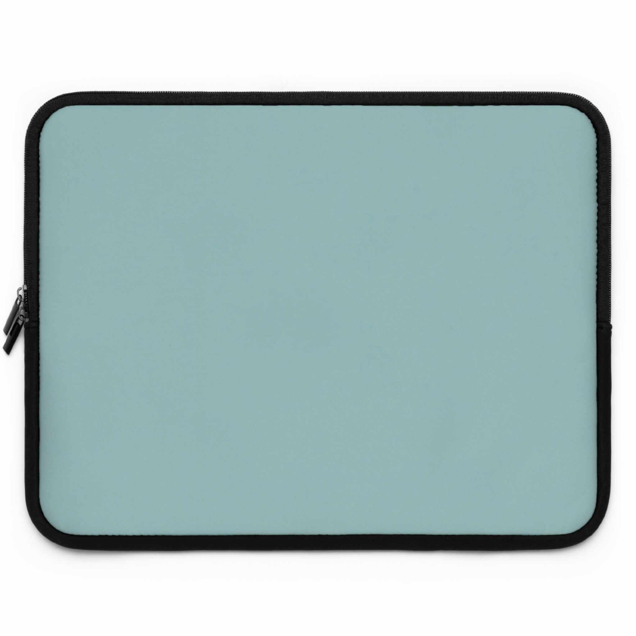 Teal green neoprene laptop sleeve with black trim, dual zipper, lightweight and waterproof protection.
