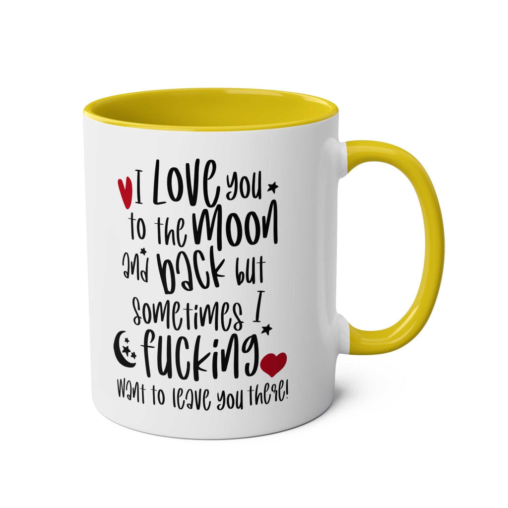 Glossy white 11oz Cheeky Fun Valentines Mug with colored rim and handle, dishwasher safe with humorous quote.