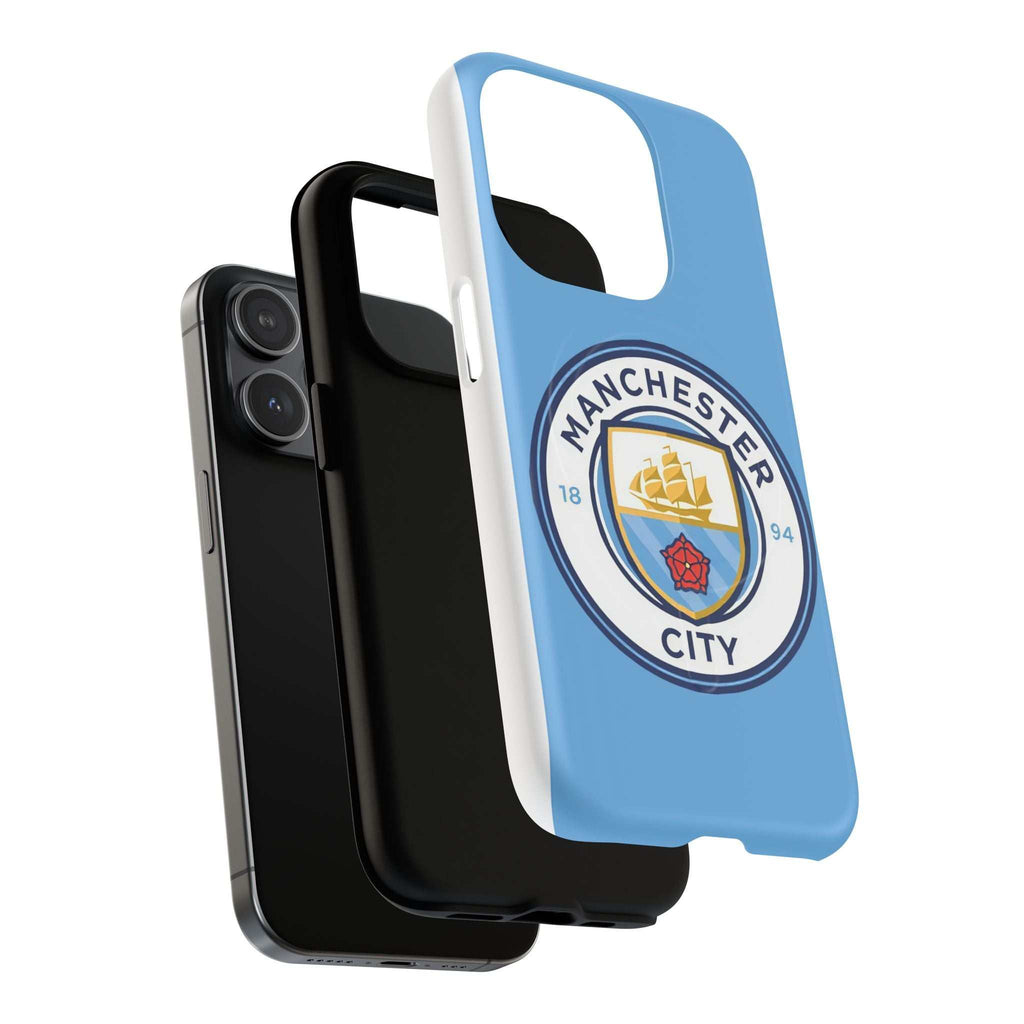 Manchester City MagSafe iPhone case with sky blue color and club logo, dual layer protective cover compatible with MagSafe charging