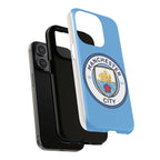 Manchester City MagSafe iPhone case with sky blue color and club logo, dual layer protective cover compatible with MagSafe charging