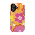 Retro floral iPhone MagSafe case with dual-layer protection and vibrant orange finish