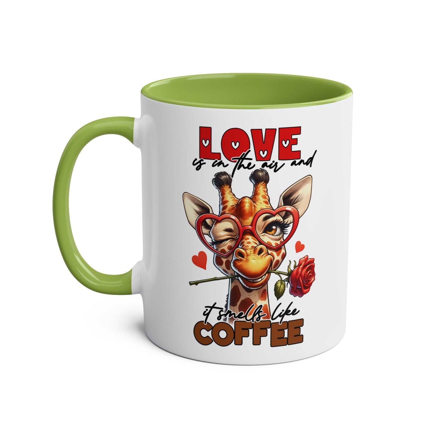 Playful giraffe design on Smells Like Coffee Mug with vibrant green handle and red text.