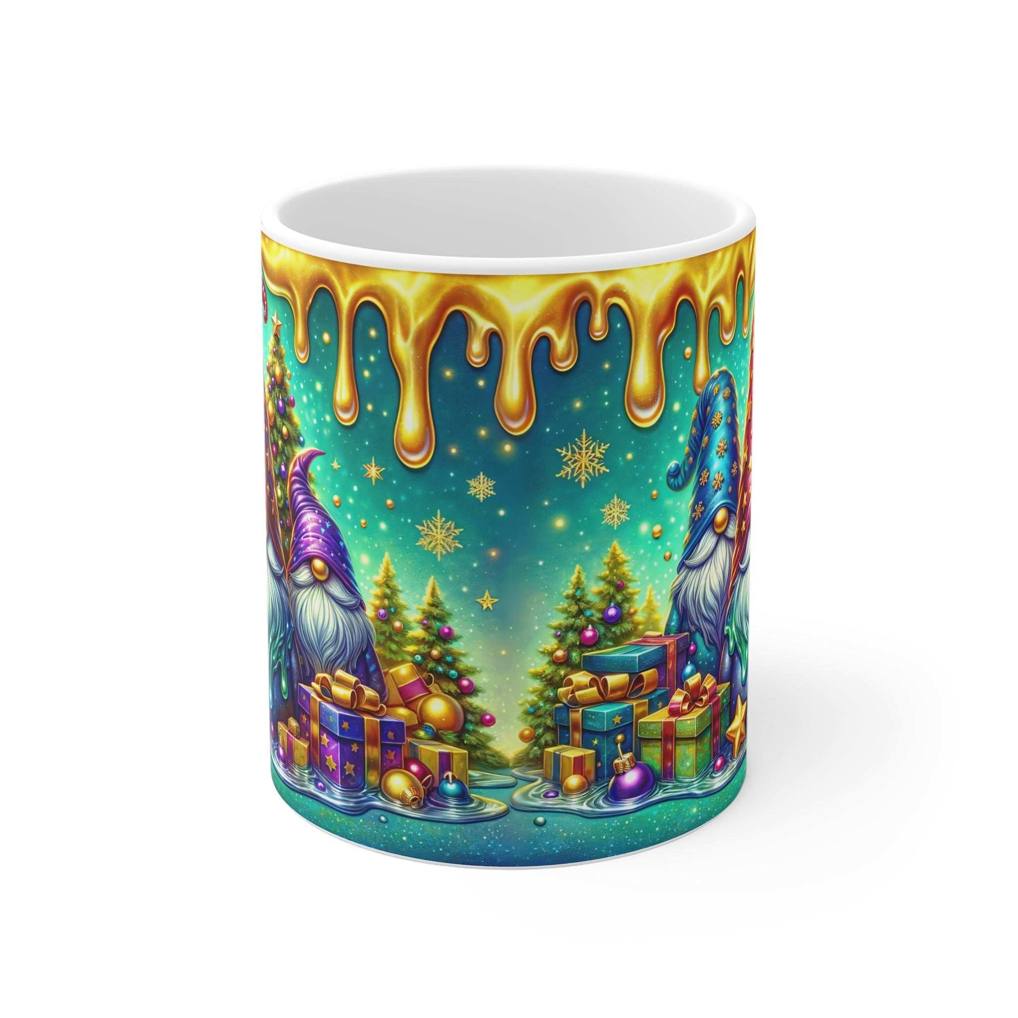 Colorful Christmas Gnome Mug with festive design, perfect for holiday drinks.