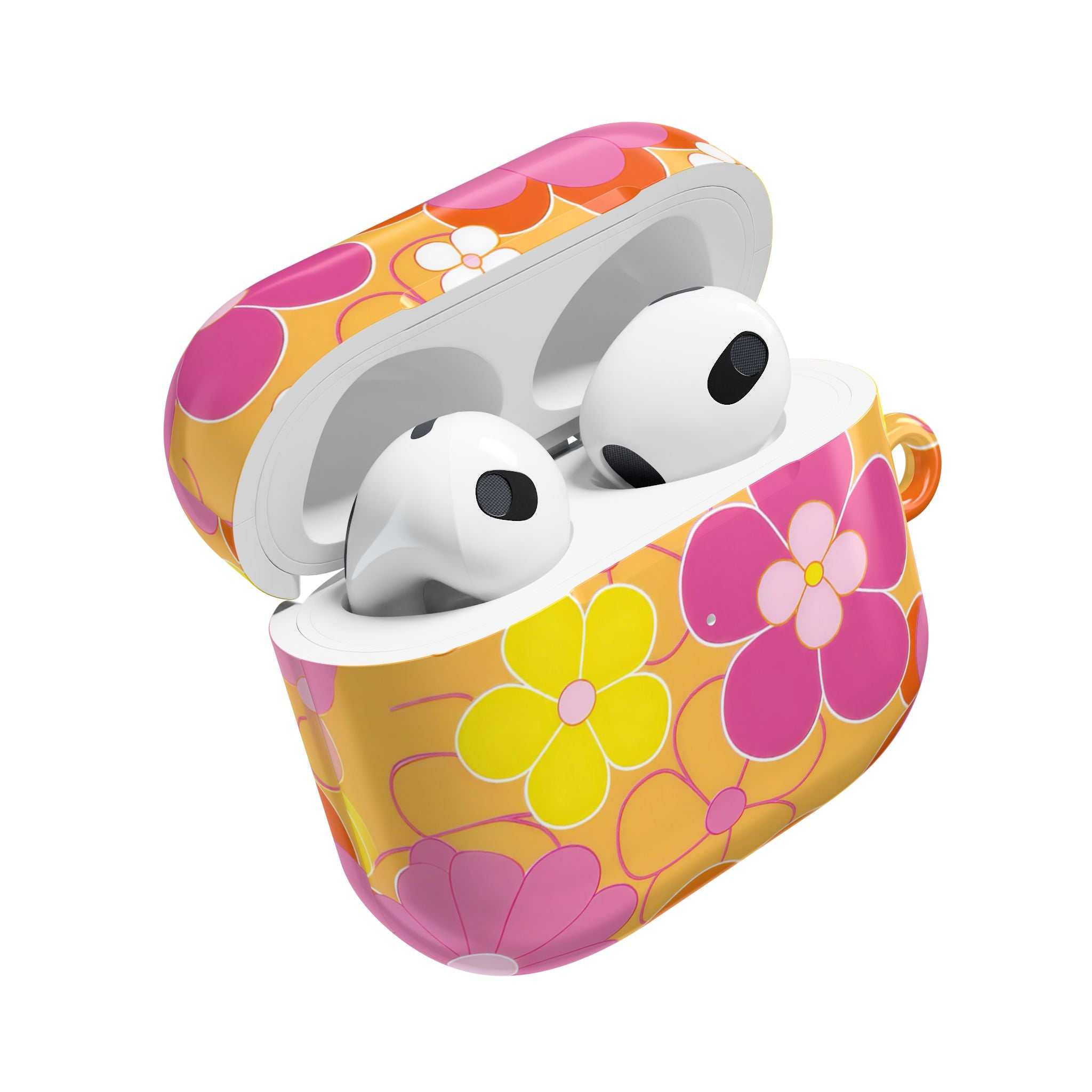 Retro floral protective hard shell case for AirPods and AirPods Pro with vibrant yellow and pink flower design