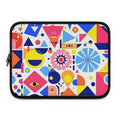 Bright geometric print laptop sleeve in vibrant colors with neoprene protection and dual zipper closure