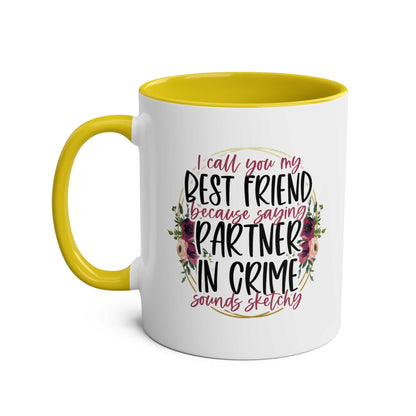 Partner in Crime Coffee Mug with humorous design and yellow interior.