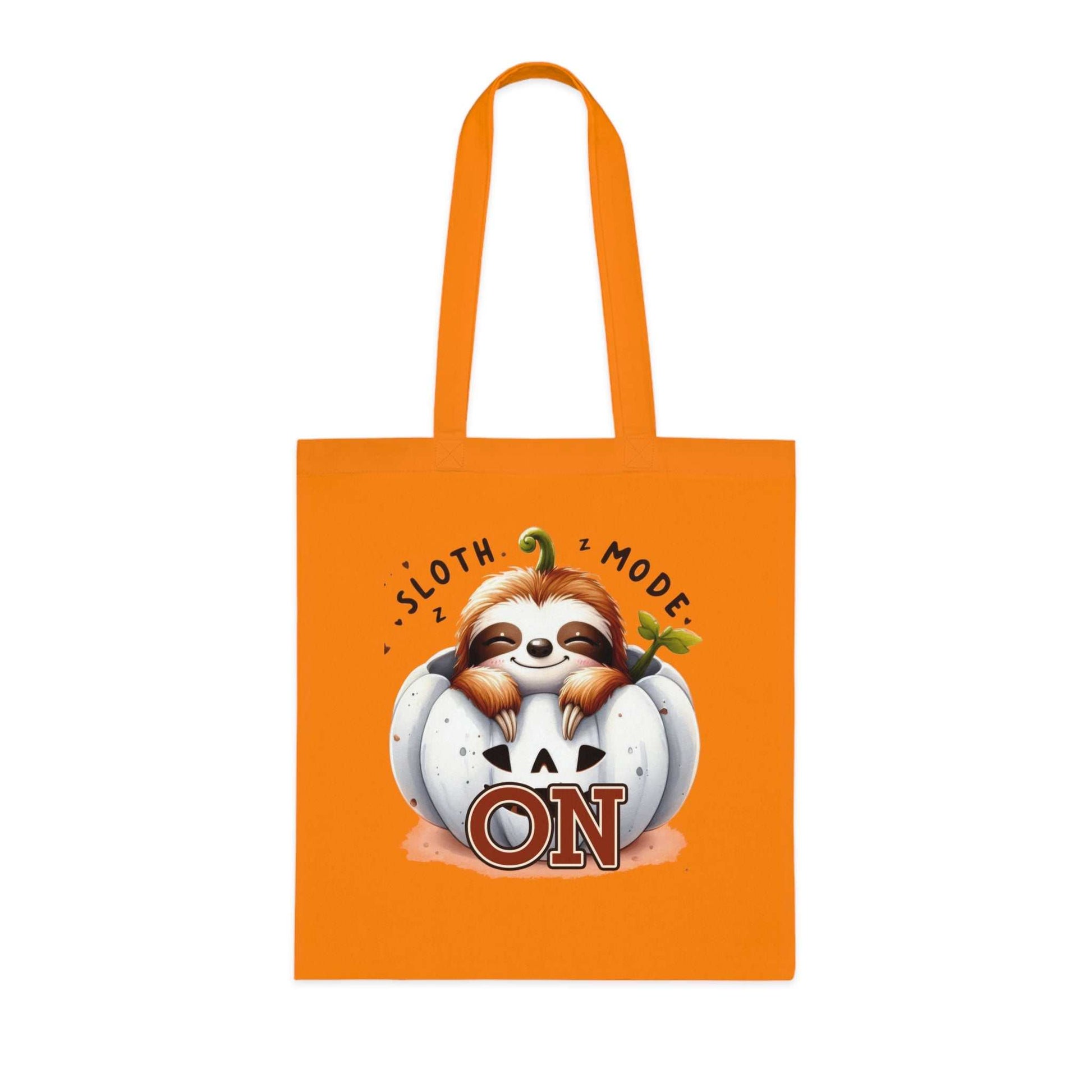 Cotton tote bag with cute sloth design, vibrant colors, 100% cotton, ideal for sloth lovers.