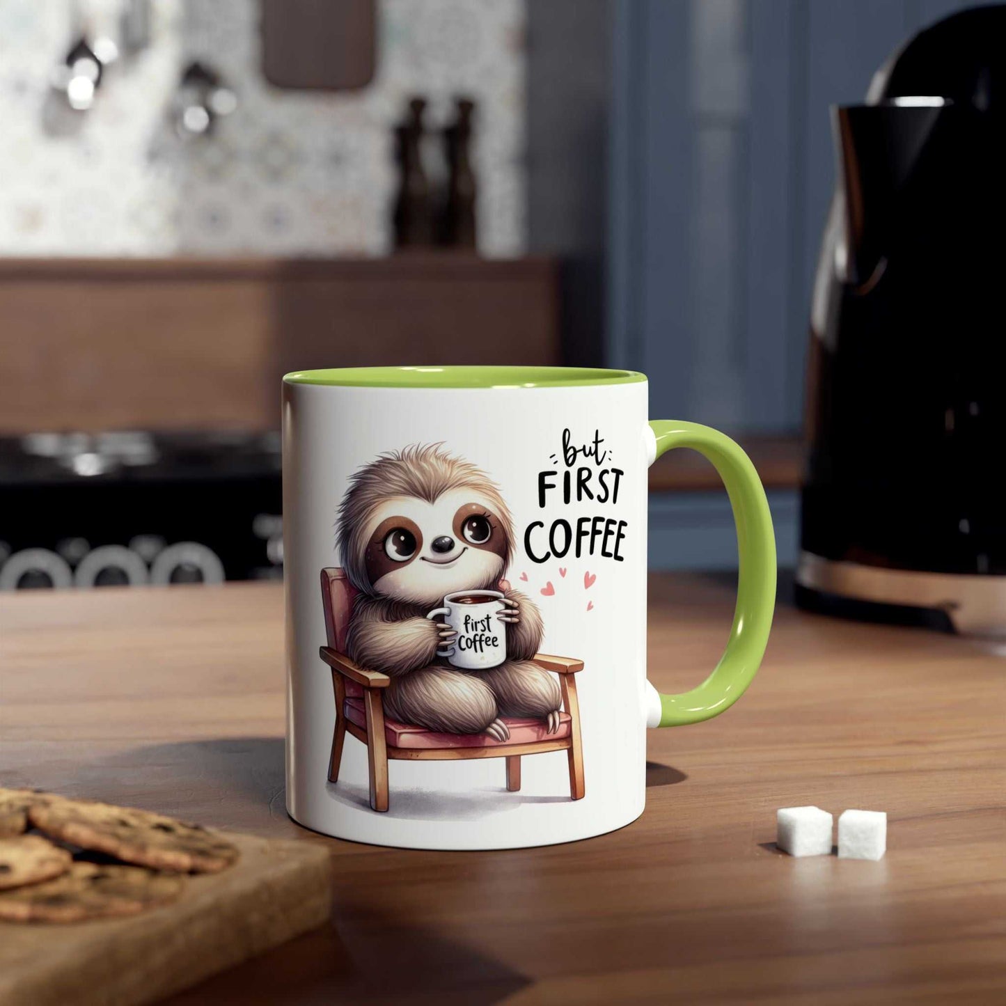 Cute sloth coffee mug with whimsical design, 11oz ceramic.