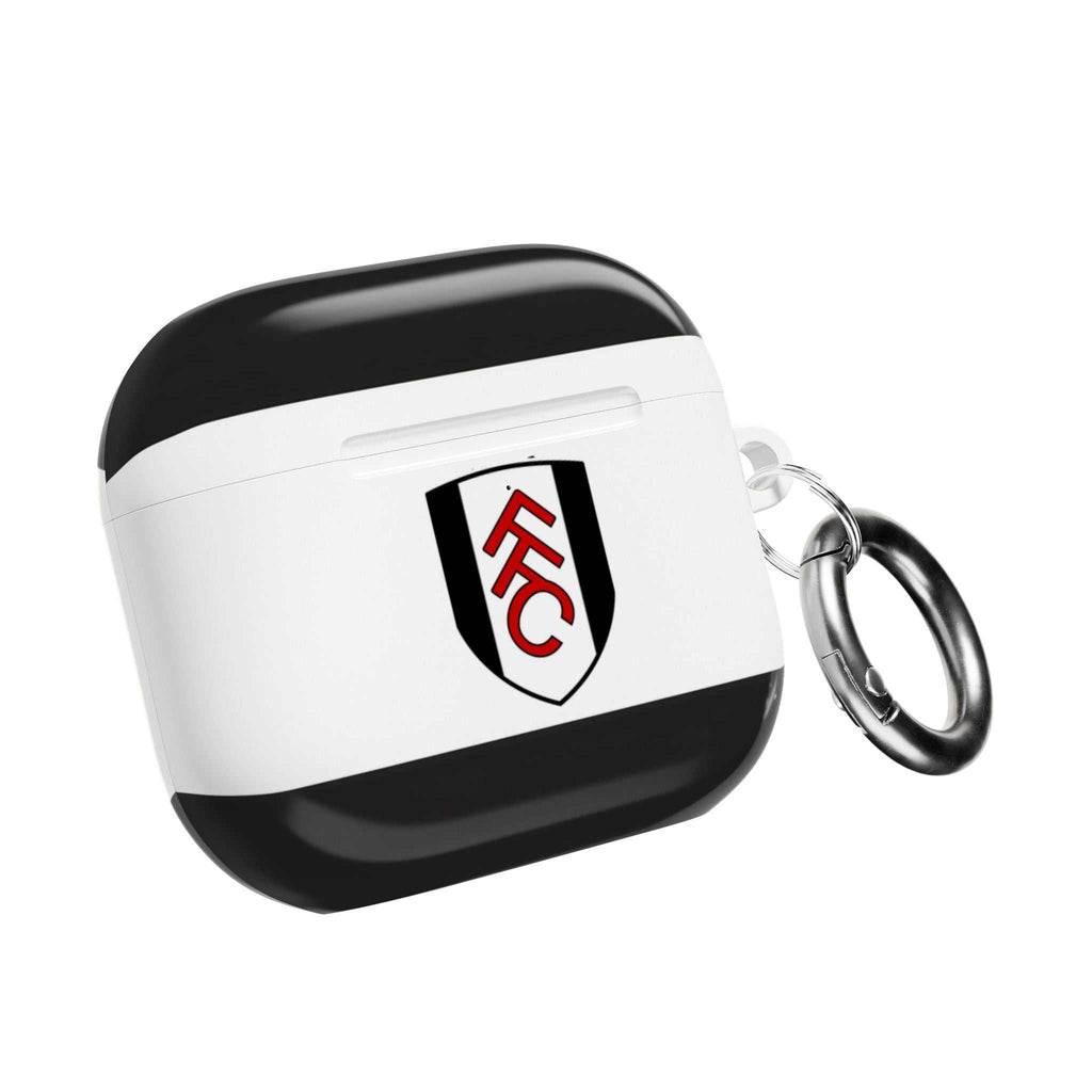 Fulham FC AirPods protective case in black and white with club crest and keyring, compatible with AirPods and AirPods Pro, shock-resistant design