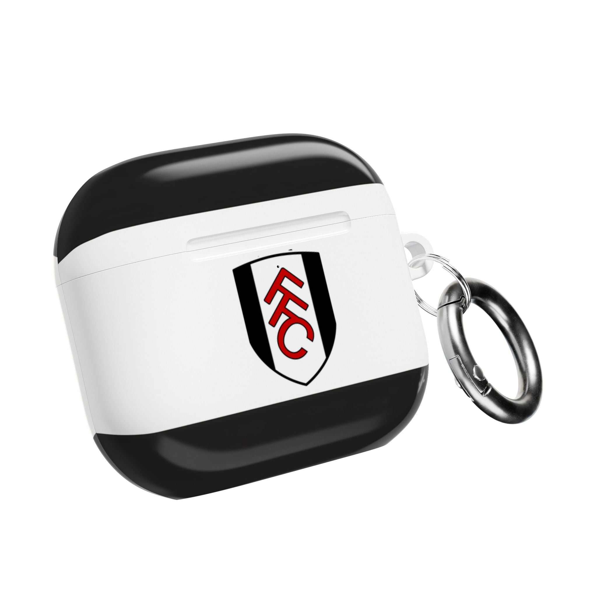 Fulham FC AirPods protective case in black and white with club crest and keyring, compatible with AirPods and AirPods Pro, shock-resistant design