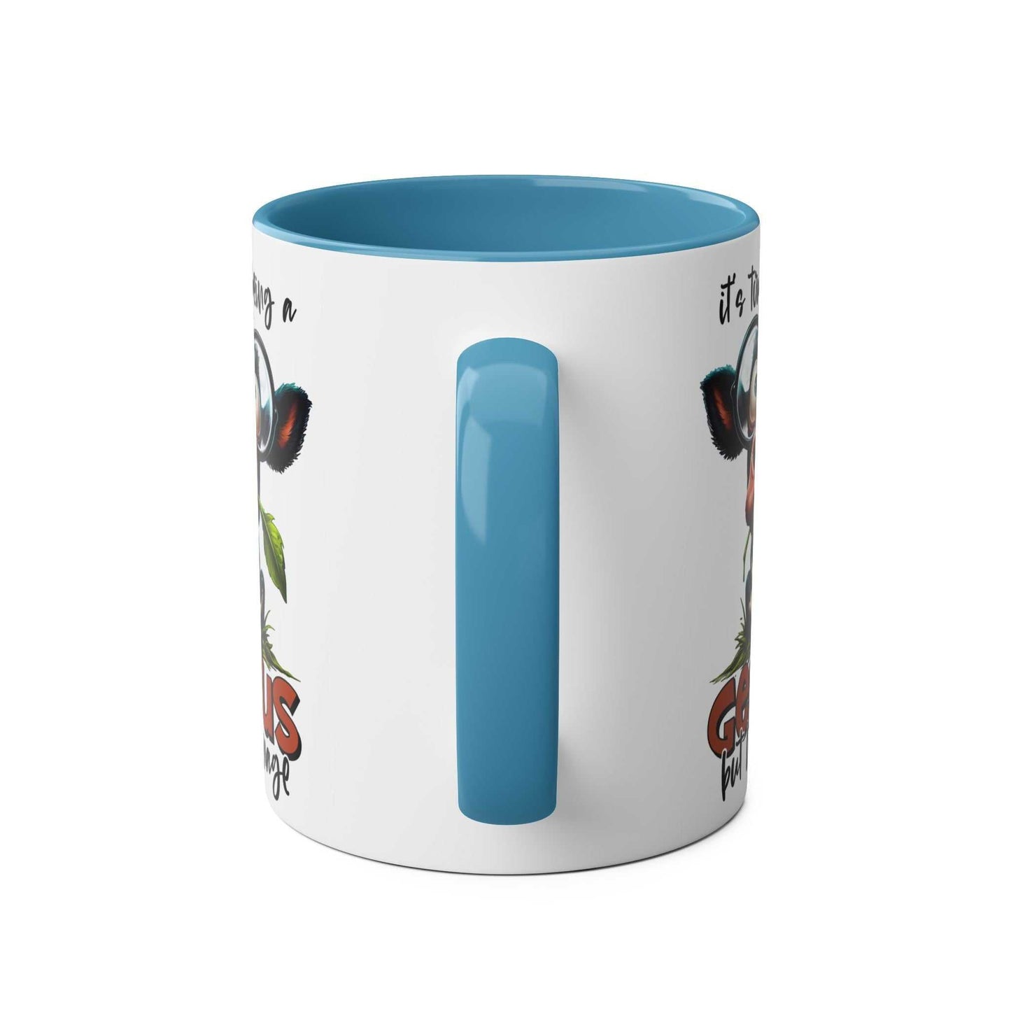 Funny genius coffee mug with animal graphic and blue handle.