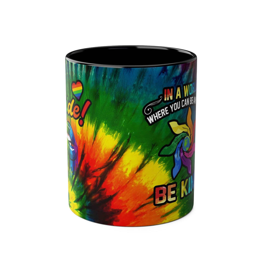LGBTQ+ Pride mug with vibrant rainbow design.
