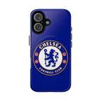 Chelsea FC MagSafe iPhone case in royal blue with club crest, dual-layer protection, and wireless charging compatible