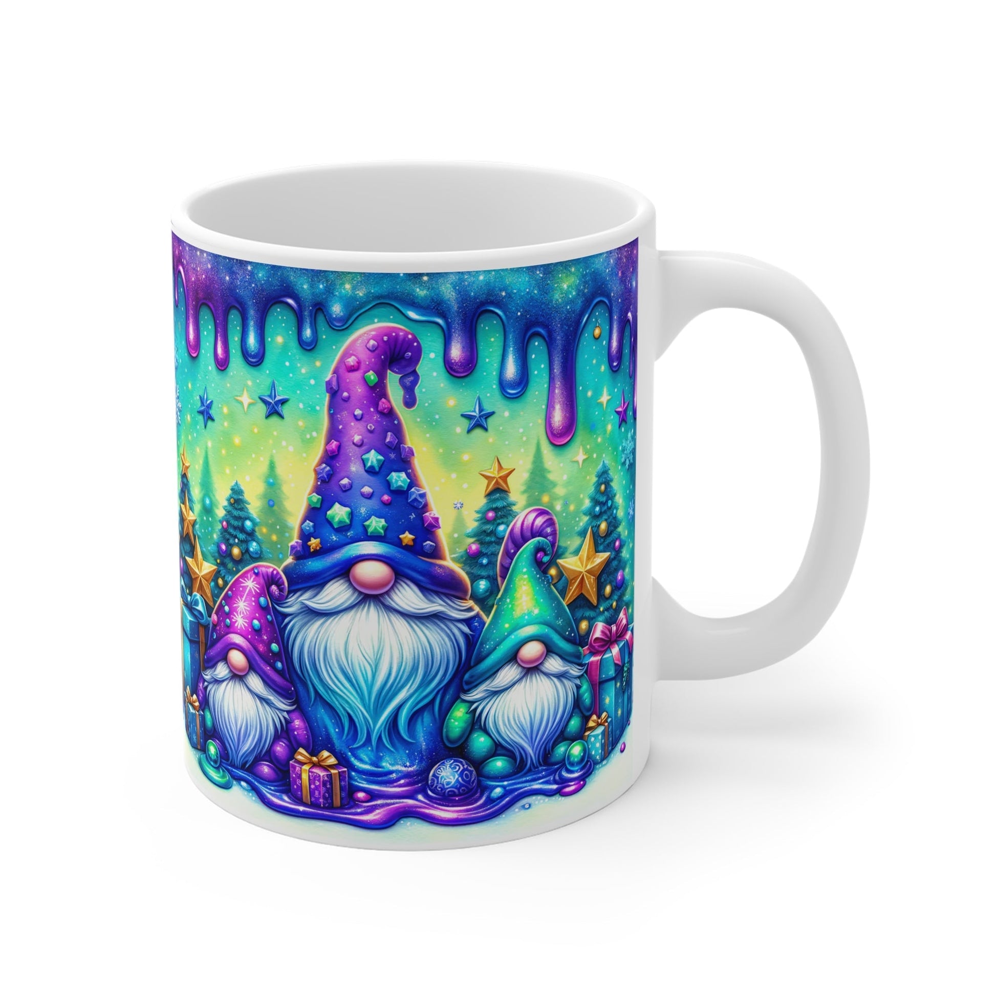 Festive Christmas gnome mug in vibrant colors, perfect for holiday drinks.