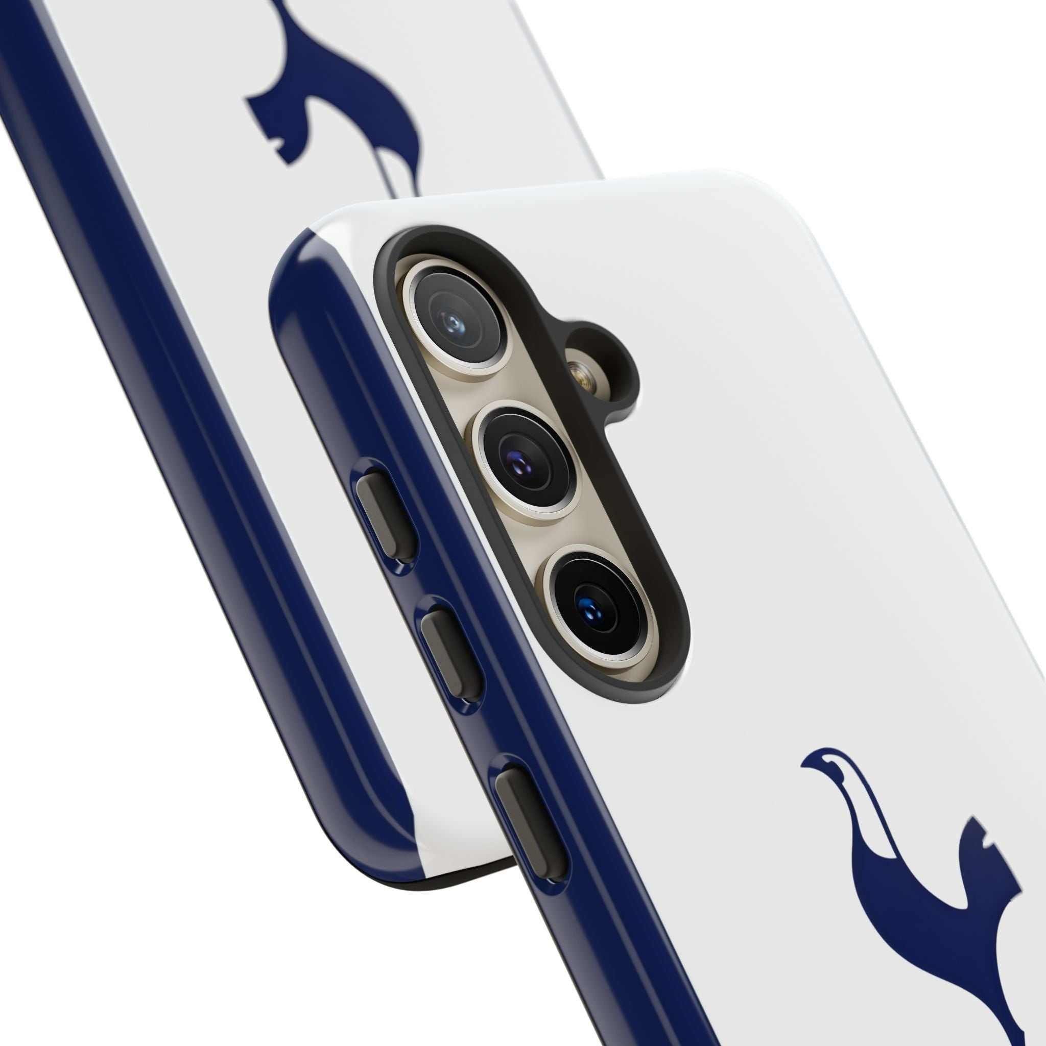 Tottenham FC Samsung phone case in white and navy with official-inspired crest and wireless charging compatible magnetic design