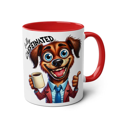 Fun Sarcastic Coffee Mug with cartoon dog and "Fully Caffeinated" text, red handle and interior.