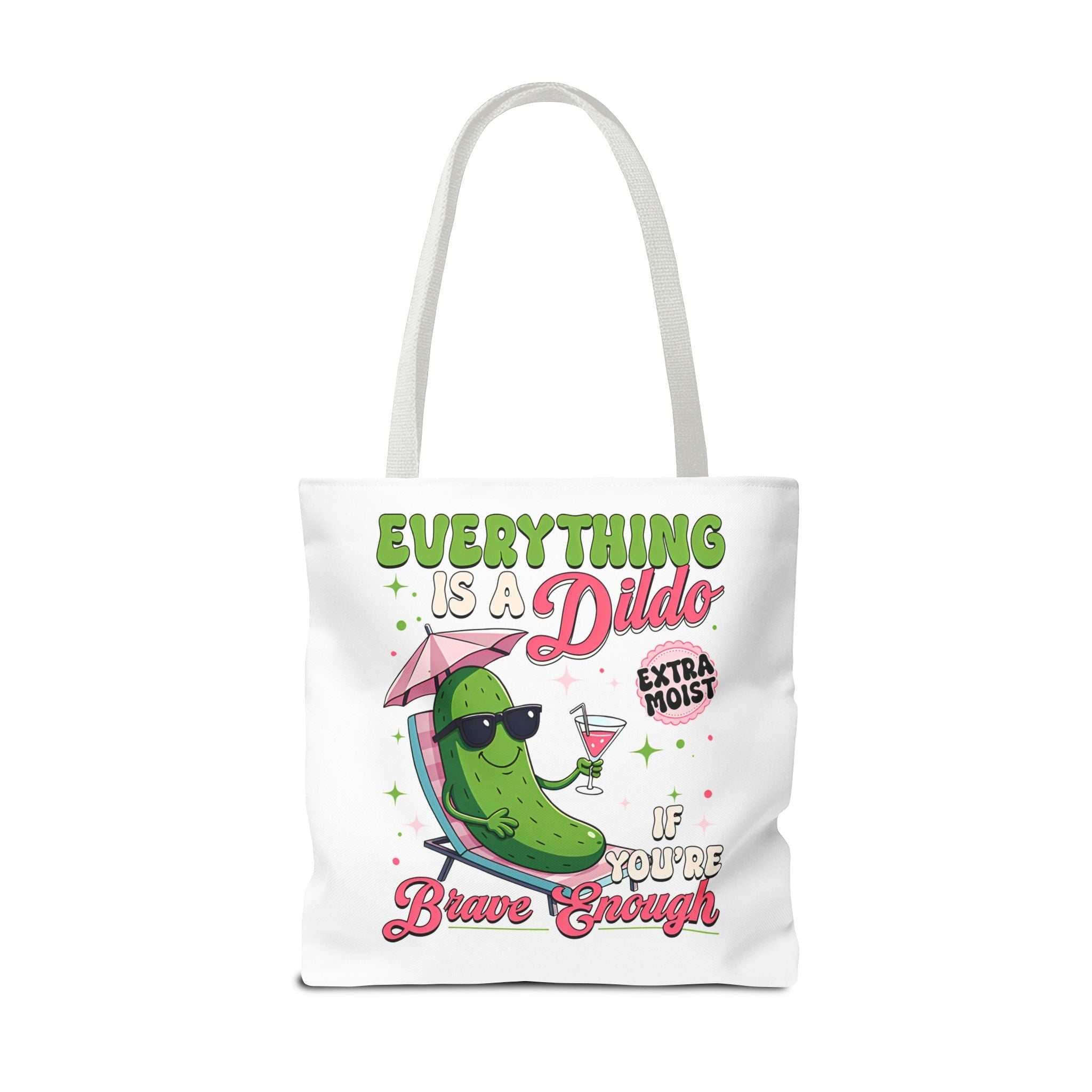 Cheeky Quote Pickle Tote Bag with fun design, durable spun polyester, multiple sizes and handle colors