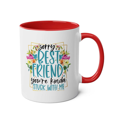 Best Friend Coffee Mug with colorful floral design, red interior, and cheeky message.