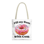 Provocative Donut Tote Bag with cheeky design, durable polyester, multiple sizes and handle colors for fun everyday use.