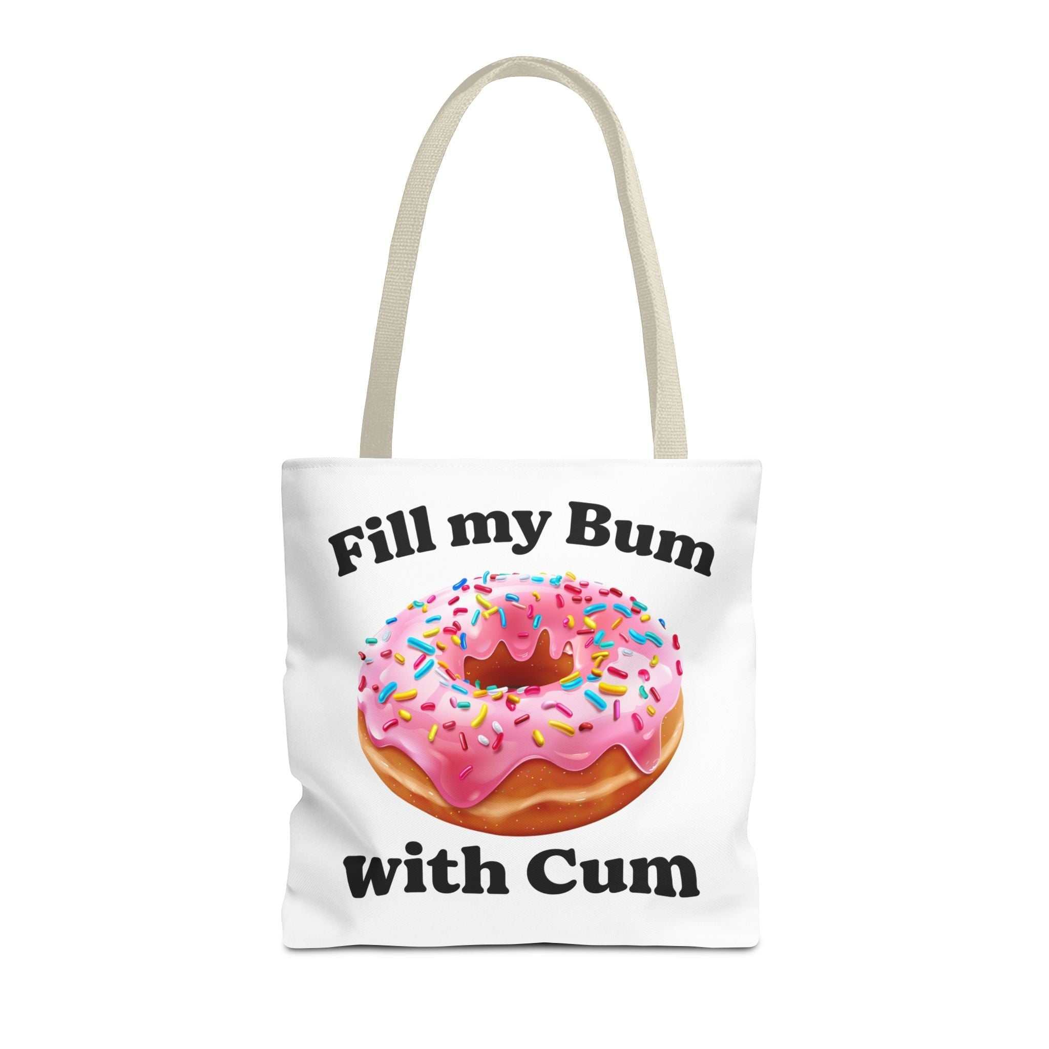 Provocative Donut Tote Bag with cheeky design, durable polyester, multiple sizes and handle colors for fun everyday use.