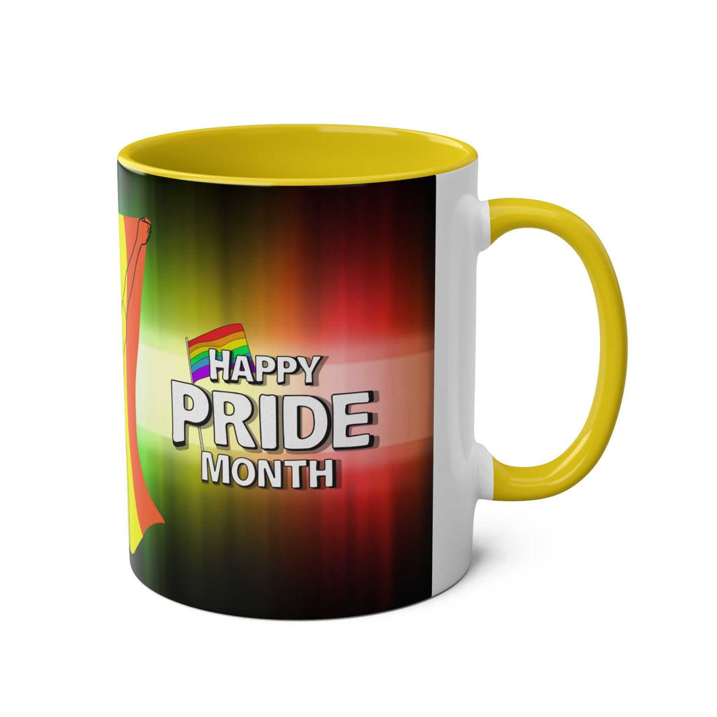LGBTQ+ Pride Mug with rainbow design and "Happy Pride Month" text on glossy ceramic.