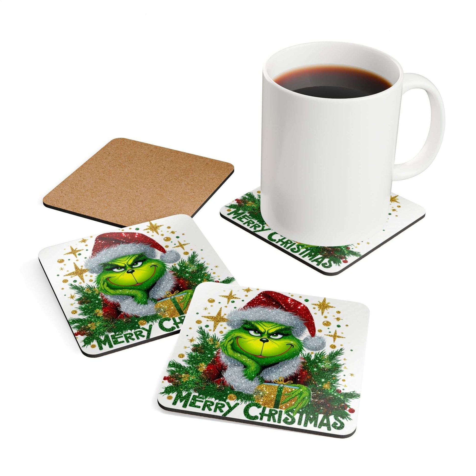 Grinch Merry Christmas Coaster Set with Grumpy Grinch design, perfect for holiday decor and protecting furniture.