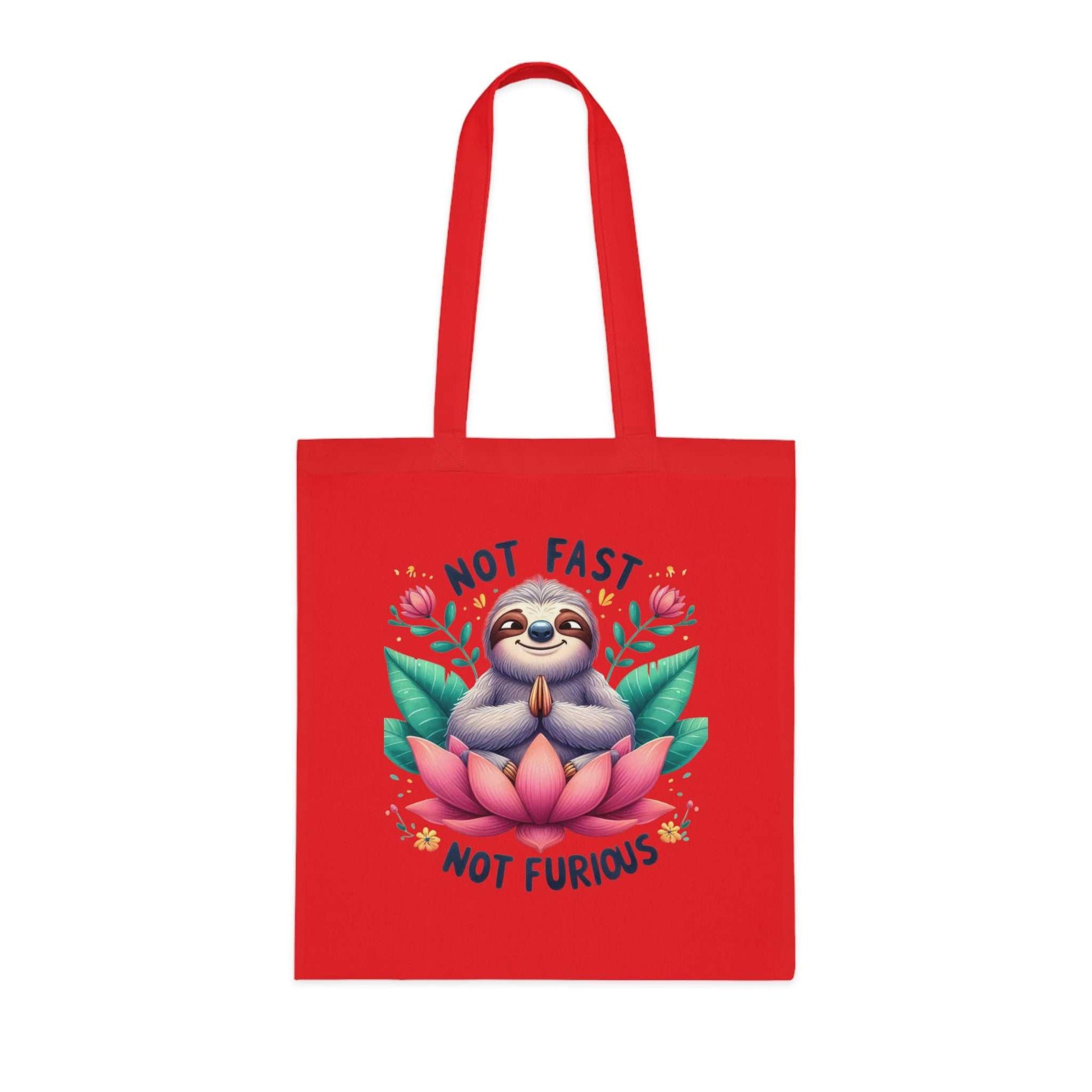 Red cotton tote bag with cute sloth design that reads "Not Fast Not Furious" featuring vibrant colors and playful style.