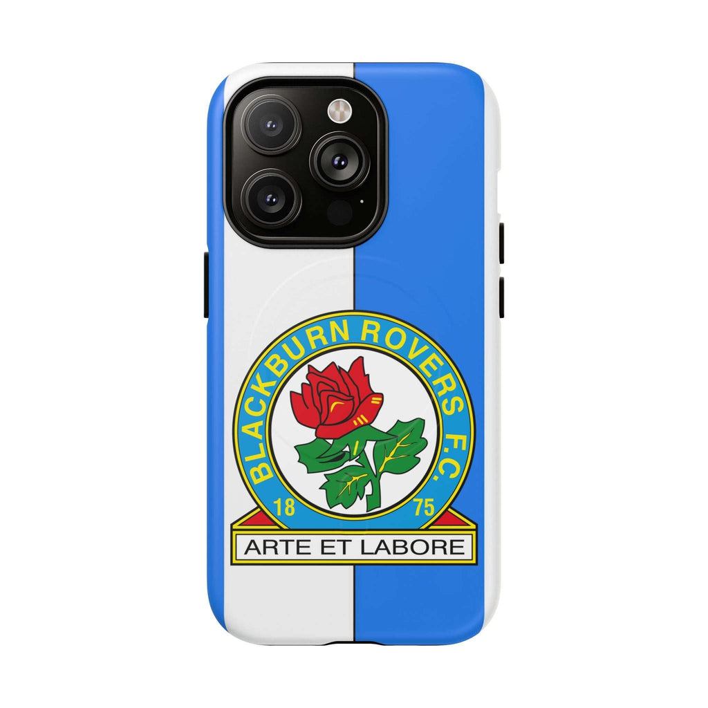 Blackburn Rovers MagSafe iPhone Case with blue and white colors and team crest, dual-layer protection, and MagSafe compatibility.