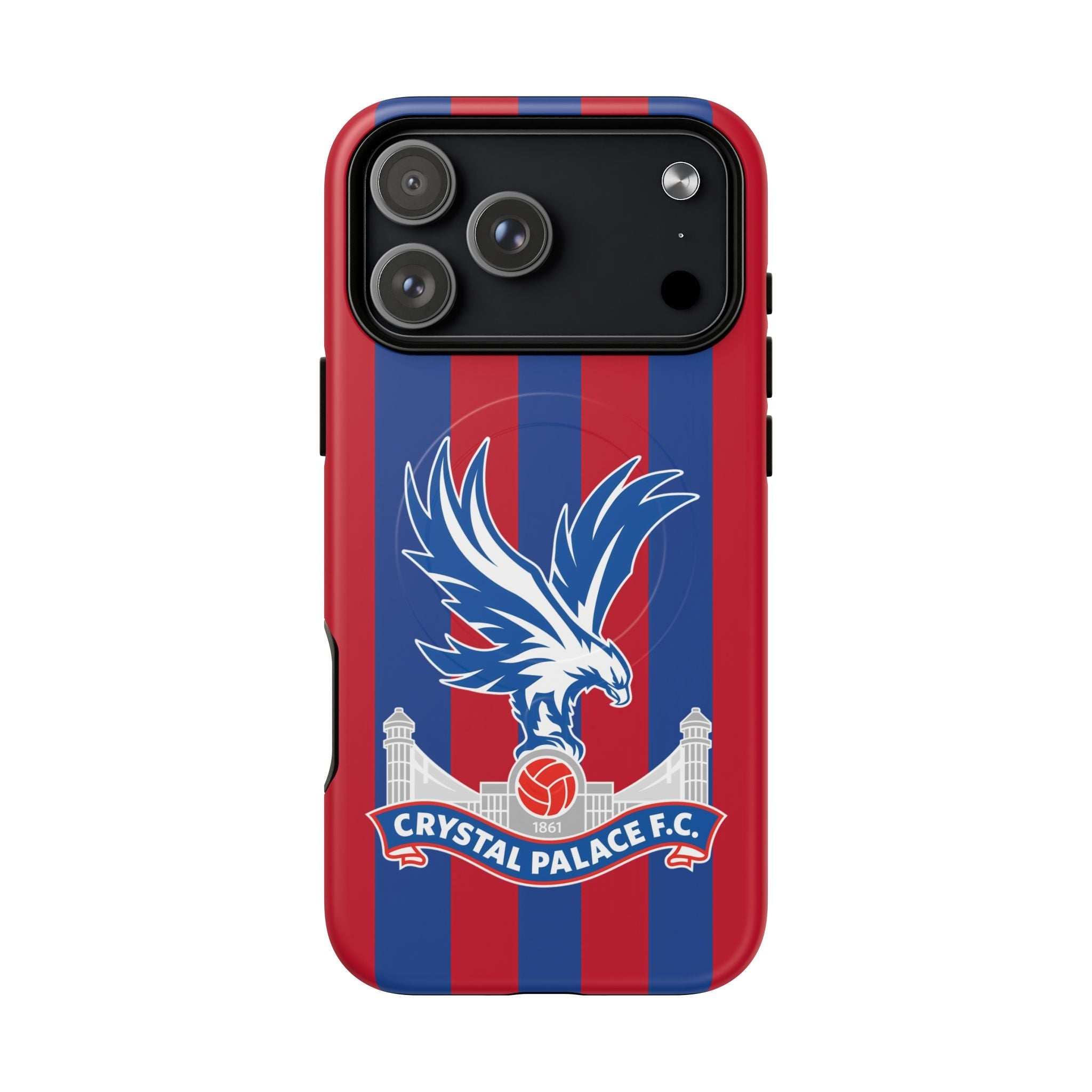 Crystal Palace MagSafe iPhone case with red and blue stripes and eagle crest, dual-layer protection, and wireless charging compatible