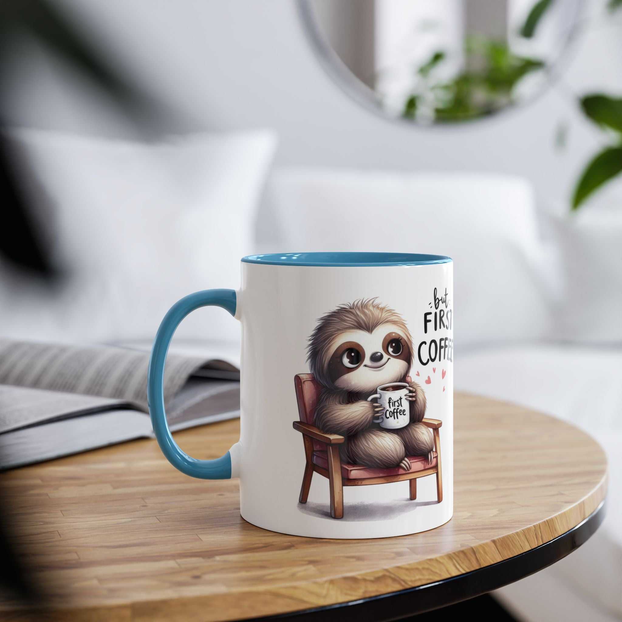 cute sloth coffee mug with cheerful design on wooden table